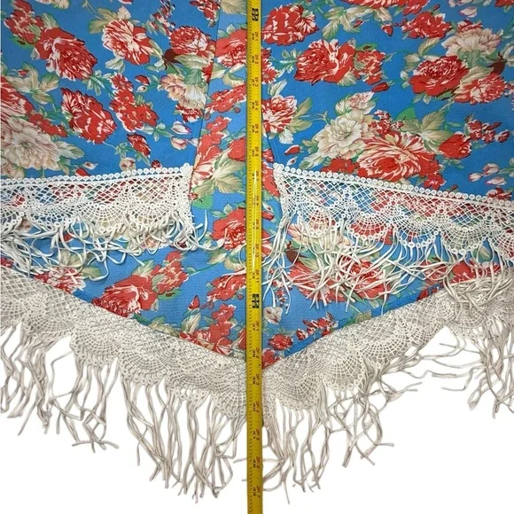 Umgee Cobalt Blue Red Floral Fringed Open Front Boho Kimono Coverup Medium Large - Picture 9 of 9
